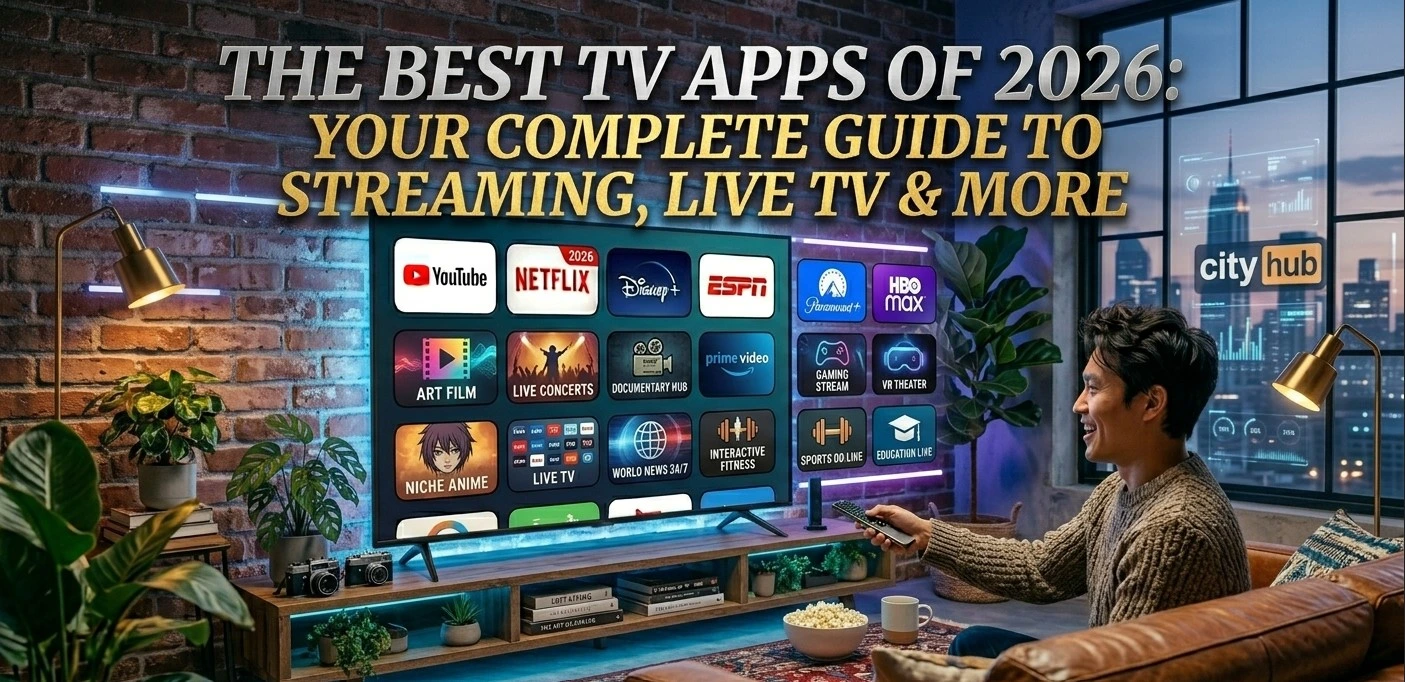 A living-room TV showing a grid of streaming apps
