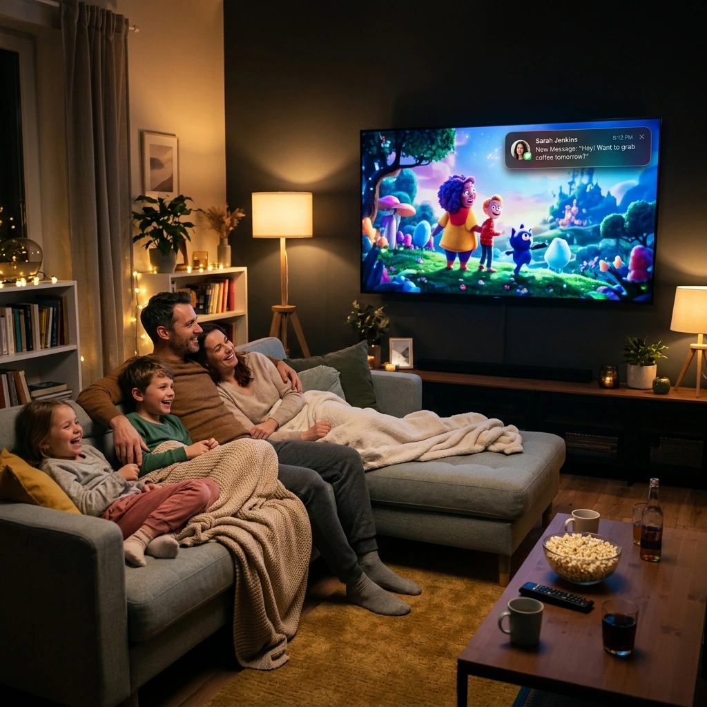 Family enjoying Zootopia 2 movie night with NotifyTV notifications displayed as a clean overlay on the TV screen