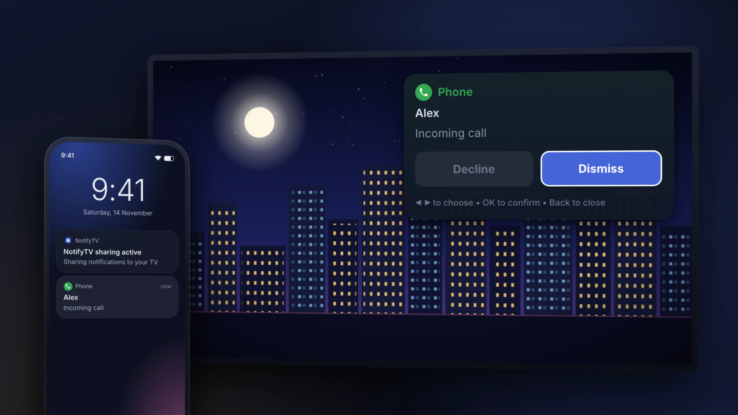 An incoming phone call shown on the TV with Decline and Dismiss buttons