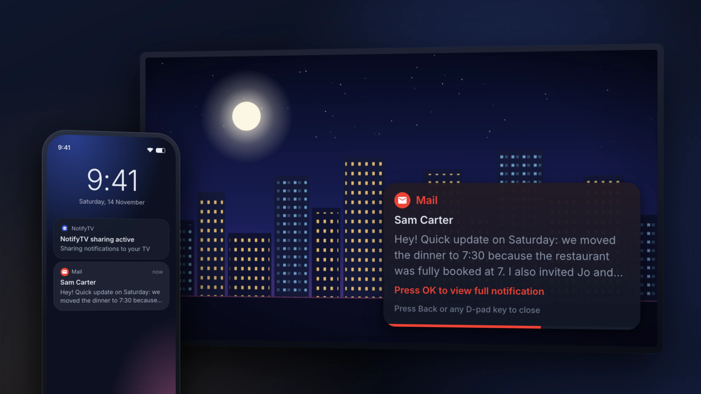 A long email preview on the TV with a prompt to press OK to read the full notification