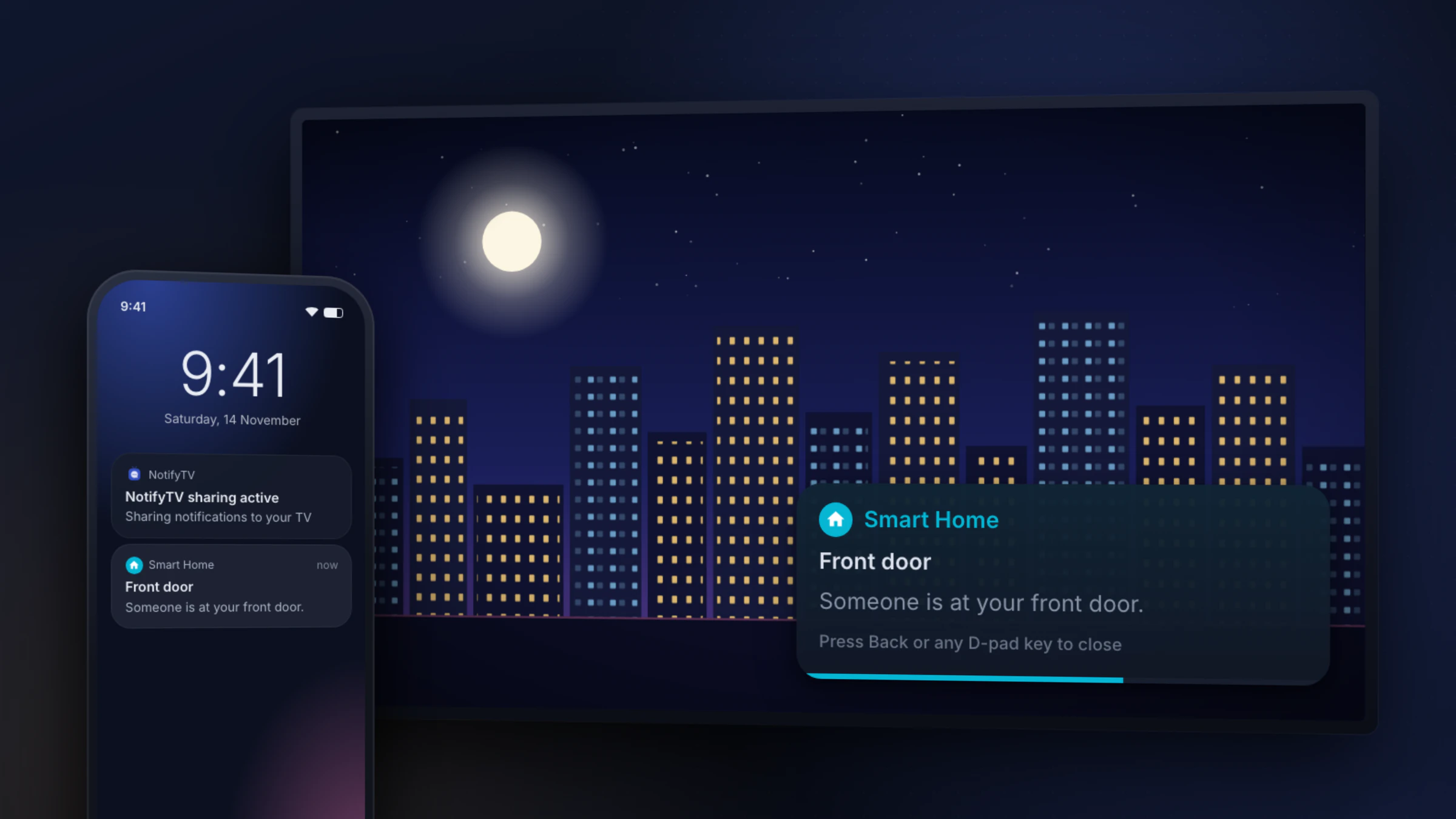 A smart-home doorbell alert from a phone shown on a Google TV by NotifyTV