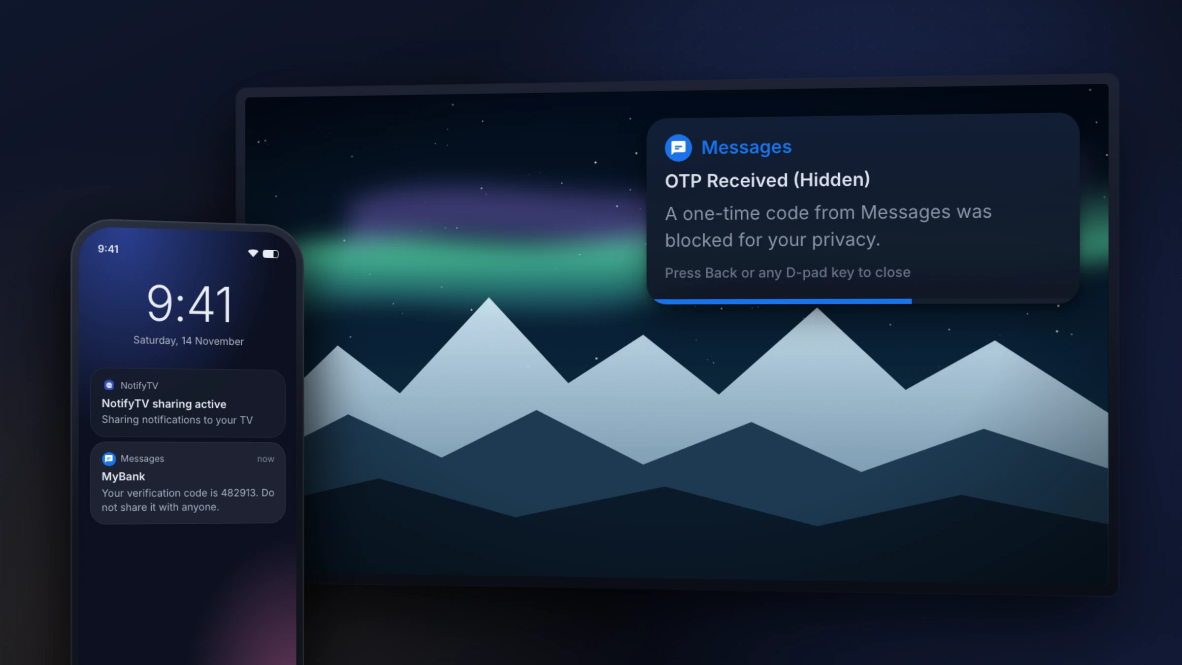 An OTP text message hidden on the TV as "OTP Received (Hidden)" while the phone keeps the code
