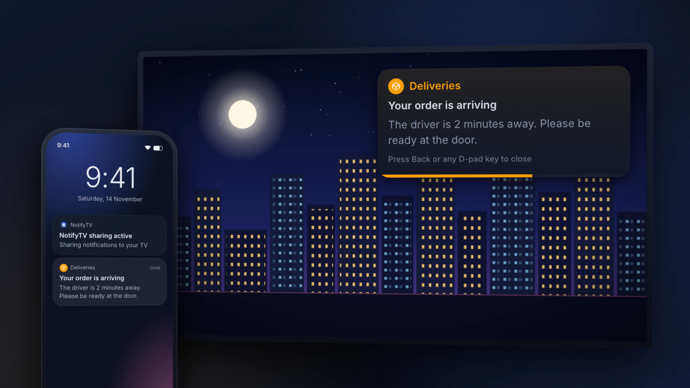 A delivery notification from the phone appearing on the TV after pairing NotifyTV