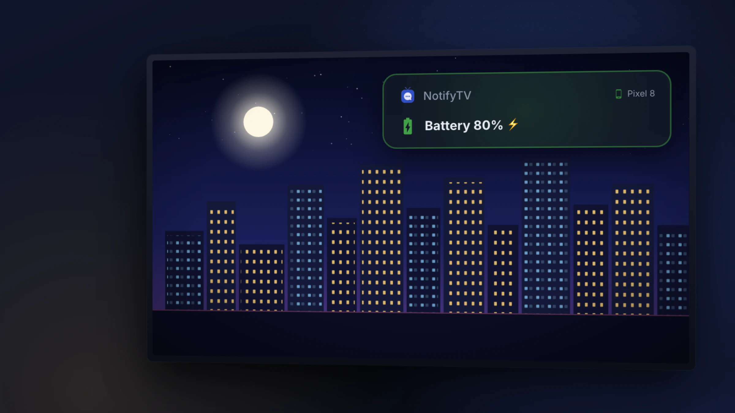 A NotifyTV battery alert on the TV saying the phone has charged to 80 percent