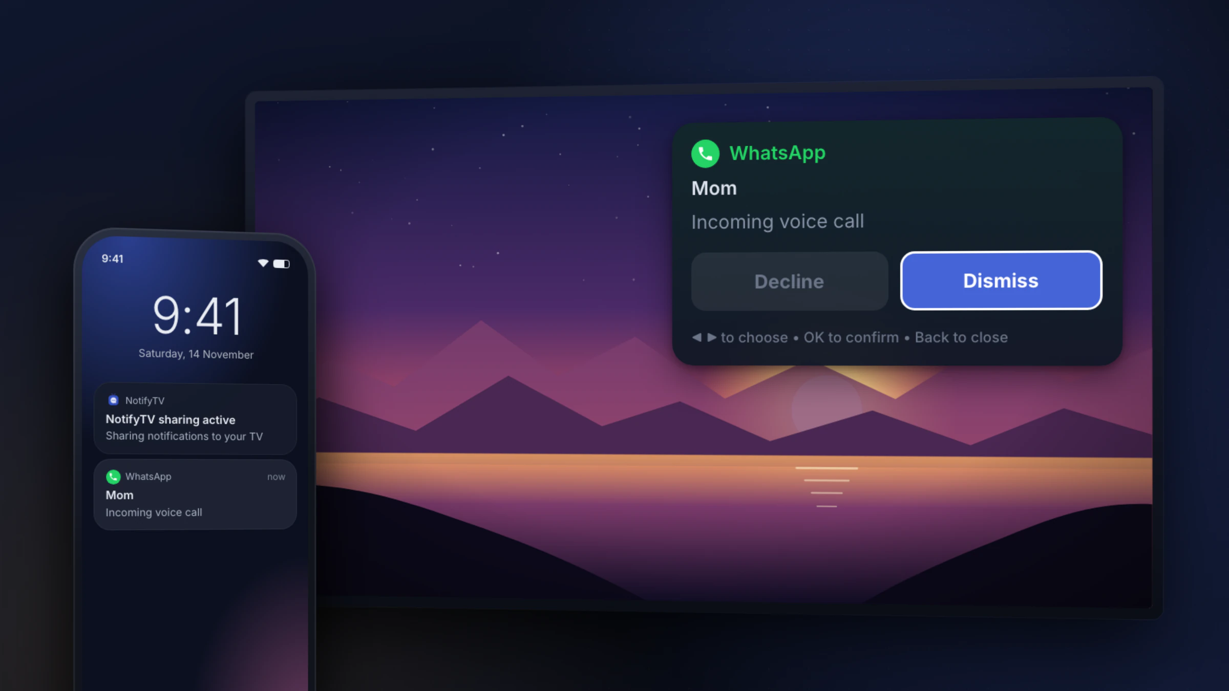 An incoming WhatsApp voice call shown on a Google TV by NotifyTV