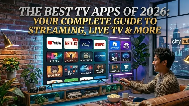 A living-room TV showing a grid of streaming apps