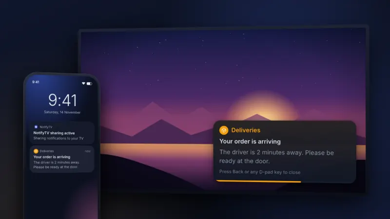 A phone notification shown as a NotifyTV popup over a film on an Android TV