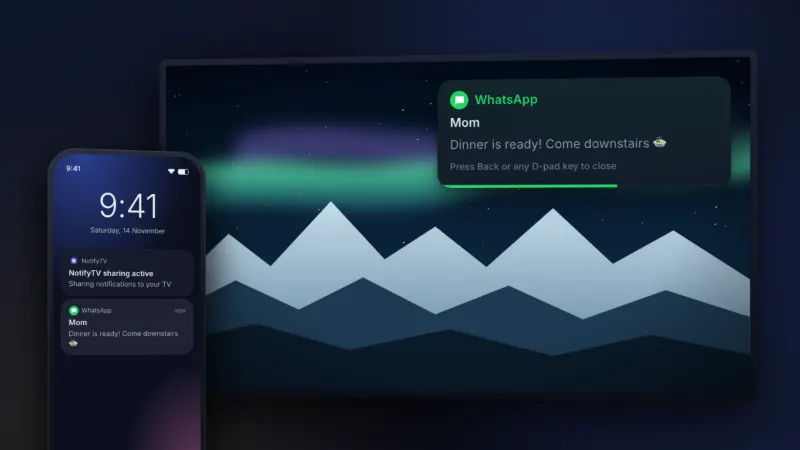 NotifyTV popup on a TV showing a message forwarded from an Android phone
